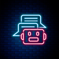 Wall Mural - Glowing neon line Chat bot icon isolated on brick wall background. Chatbot icon. Colorful outline concept. Vector