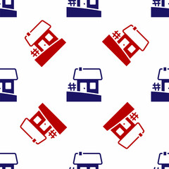 Sticker - Blue and red Old Ukrainian house hut icon isolated seamless pattern on white background. Traditional village house. Vector