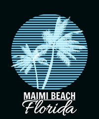 Wall Mural - Miami Beach sunset print t-shirt design. Poster palm tree silhouettes