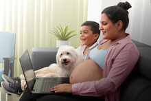 Pregnant Mom, Son And Dog Watching Streaming Video On Laptop