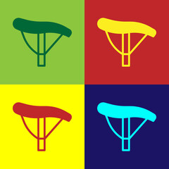 Sticker - Pop art Bicycle seat icon isolated on color background. Bicycle saddle. Vector