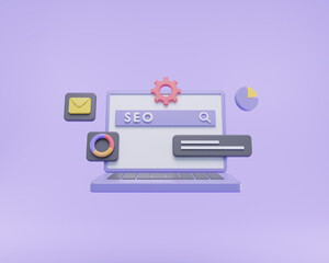 3d render search engine optimization seo for web analyst and web rank on purple background