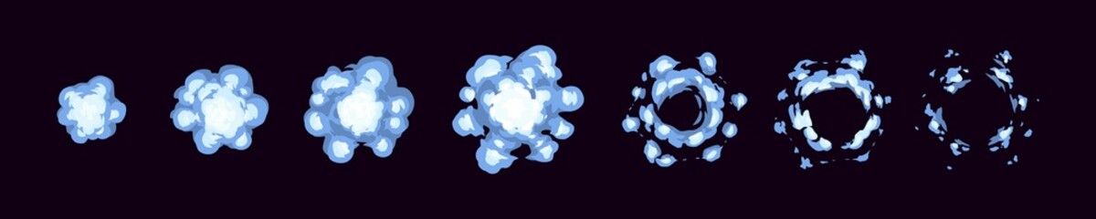 Poster - Smoke explode animation sprite sheet. Cartoon clouds, steam vfx explosion animated shot, sequence frame. Puff effect movement storyboard motion, flash boom isolated elements, Vector illustration set.