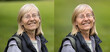 Portrait of a smiling blonde woman before and after retouching in Photoshop