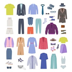 Wall Mural - casual clothes. fashioned modern seasonal collection outfit male and female dress jacket shirt pants. Vector pictures isolated