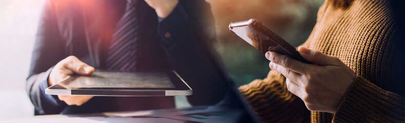 Businessman working with smart phone and laptop and digital tablet computer in office with digital marketing media in virtual icon