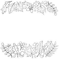 Wall Mural - Autumn background with space and border of leaves, mushrooms, acorns, berries on edges. For invitation, ending, frame, children's print, or coloring. The theme is forest, happy fall, thanksgiving
