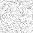 © Iuliia - Seamless pattern falling leaves, acorns, berries, cones, mushrooms. Vector autumn texture, isolated, hand drawn in doodle style, black outline. Concept of forest, leaf fall, nature, thanksgiving