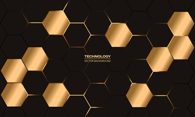 Wall Mural - Luxury dark and gold hexagonal vector abstract background with golden hexagon. Elegant luxurious technology background with gold and dark honeycomb. vector illustration.