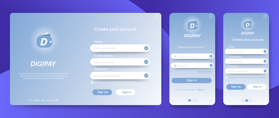 Poster - Set of Sign Up and Sign In forms. purple gradient. Mobile Registration and login forms page. Professional web design, full set of elements. User-friendly design materials.