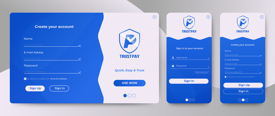 Poster - Set of Sign Up and Sign In forms. Blue gradient. Mobile Registration and login forms page. Professional web design, full set of elements. User-friendly design materials.
