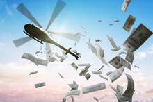 Helicopter Is Dropping Money. Financial Stimulus In Economy. 3D Rendered Illustration.