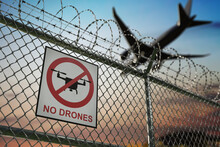 No Drone Zone Sign Warning About Restricted No Fly Area Near Airport. 3D Rendered Illustration.