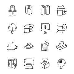 Poster - Toilet and Tissue Paper Black Thin Line Icons Set. Vector illustration of Icon Roll Hanging on Wall Holder and Antibacterial Napkin