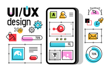 Wall Mural - mobile with ui-ux development design concept. smartphone with interface elements. digital industry. 