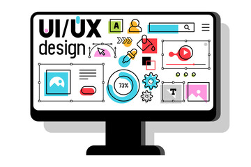 Monitor with UI-UX development design concept. Interface elements. Digital industry. Innovation and technologies. Flat style