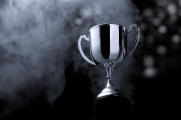 Wall Mural - silver trophy competition in the dark with smoke and with copy space