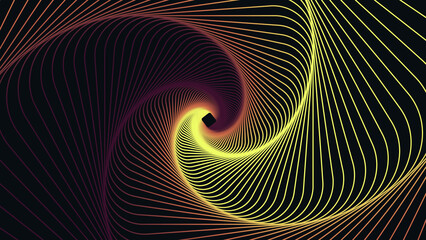 Poster - Twisted gradient lines of an oval frame. Vector 3d tunnel made of geometric shapes. Abstract graphic spiral on a dark background.
