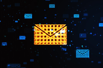 Poster - Newsletter marketing and email concept with digital glowing envelope symbol on abstract dark technological background. 3D rendering