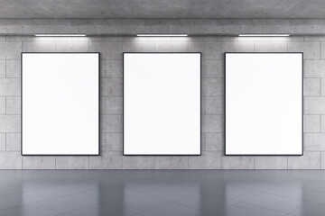 Front view on three blank white posters in black frame with space for your text or logo on grey wall background in abstract subway with concrete glossy floor. 3D rendering, mock up