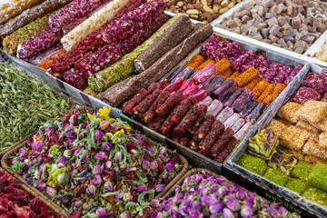 Poster - Traditional Azerbaijani cuisine ingredients dried fruit and herbs at the local market in Baku, Azerbaijan.