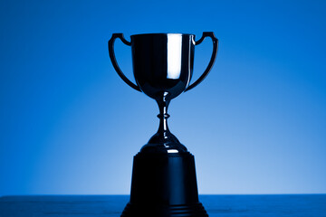 Wall Mural - silver trophy award competition in the dark with copy space, blue tone