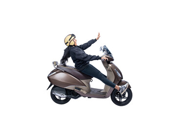 Asian woman with a helmet and jacket sitting on a scooter