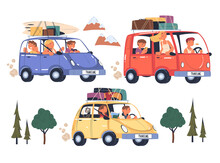 People Characters Traveling By Car With Luggage Trunks On Top Having Trip On Vacation Vector Set