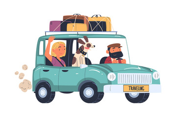 Sticker - Man and Woman Traveling by Car with Luggage Trunks on Roof and Dog Pet Having Trip on Vacation Vector Illustration