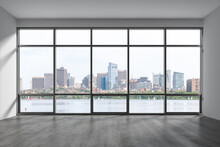 Panoramic Picturesque City View Of Boston At Day Time From Modern Empty Room, Massachusetts. An Intellectual, Technological And Political Center. 3d Rendering.