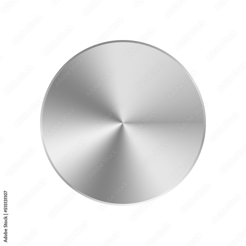 Metal circle. Steel texture. Radial silver button. Round gradient circle. Circular aluminum badge. Chrome metallic plate. Shiny logo. Vector
