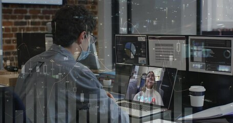 Poster - Data processing over caucasian man wearing a face mask having a video call on laptop at office