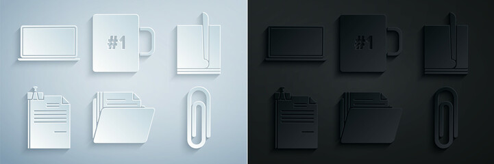 Poster - Set Document folder, File document, and binder clip, Paper, Coffee cup and Laptop icon. Vector