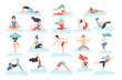 People Characters Doing Yoga Practicing Different Asana on Mat Big Vector Set