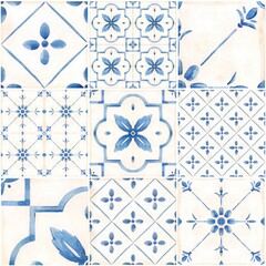 Beautiful seamless pattern with watercolor hand drawn blue dutch style tiles . Stock illustration.