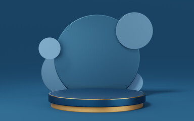 Wall Mural - Empty blue cylinder podium with gold border and circle on copy space background. Abstract pastel minimal studio 3d geometric shape. Mockup space for display of product design. 3d rendering.