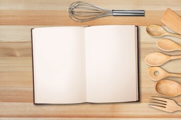 Canvas Print - Open blank cookbook. Antique recipe book on the table.