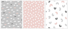 Abstract Hand Drawn Childish Vector Pattern Set. Freehand Spots, Arcs And Lines On A Gray, White And Pastel Pink Backgrounds. Modern Geometric Seamless Pattern. Irregular Cool Modern Print.