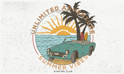 Summer vibes vintage vector design. Holliday road trip by vehicle. Beach sunset vector artwork for apparel, stickers, posters, background and others. Beach adventure.