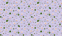 Seamless Floral Pattern Of Pink Blooming Celestial Minden Rose Flowers, Leaves Buds And Petals On Pastel Violet Background Top View Flat Lay