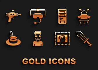Poster - Set Nerd geek, UFO flying spaceship, Sword for game, Postal stamp, Man hat, Computer, Ray gun and Virtual reality glasses icon. Vector