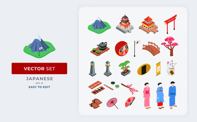 vector set of isometric collection of iconic japanese elements building and culture. color editable 