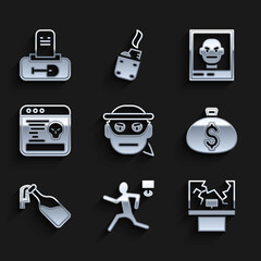 Sticker - Set Bandit, Murder, Broken window, Money bag, Cocktail molotov, System bug, Wanted poster and Grave with tombstone icon. Vector