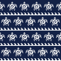 Seamless pattern with sea turtles. Marine life. Maori pattern. Stylish background. Blue and white.