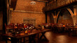 3D rendering of medieval great hall lit be candle light with tables set for a feast.