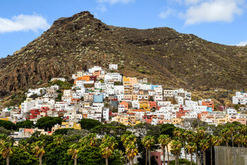 View of San Andrés colorful houses on the side of the mountain, Sta. Cruz de Tenerife, Tenerife, Canary Islands, Spain