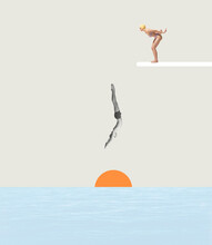 Contemporary Art Collage. Man And Woman In Swimming Suits Diving Into Sea. Summertime Holiday