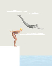 Contemporary Art Collage. Two Woman In Swimming Suits Diving Into Sea From Starting Block. Summertime Holiday