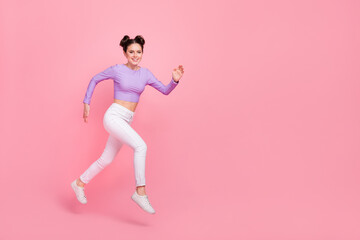 Canvas Print - Full size profile portrait of satisfied cheerful girl rush fast empty space isolated on pink color background