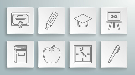 Sticker - Set line Book, Marker pen, Apple, Clock, Pen, Graduation cap, Chalkboard and Certificate template icon. Vector